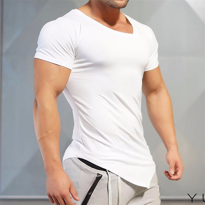Men's T Shirt Short Sleeve V Neck Summer Plain Sports Fashion Lightweight Vacation Casual Holiday Black White Top Tee for Men