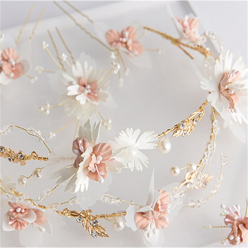 Pink Floral Crown Headband And Hairpins Color Hairband Flower Tiara Bridal Hair Accessories Hair Pins Set  Hair Jewelry For Women3
