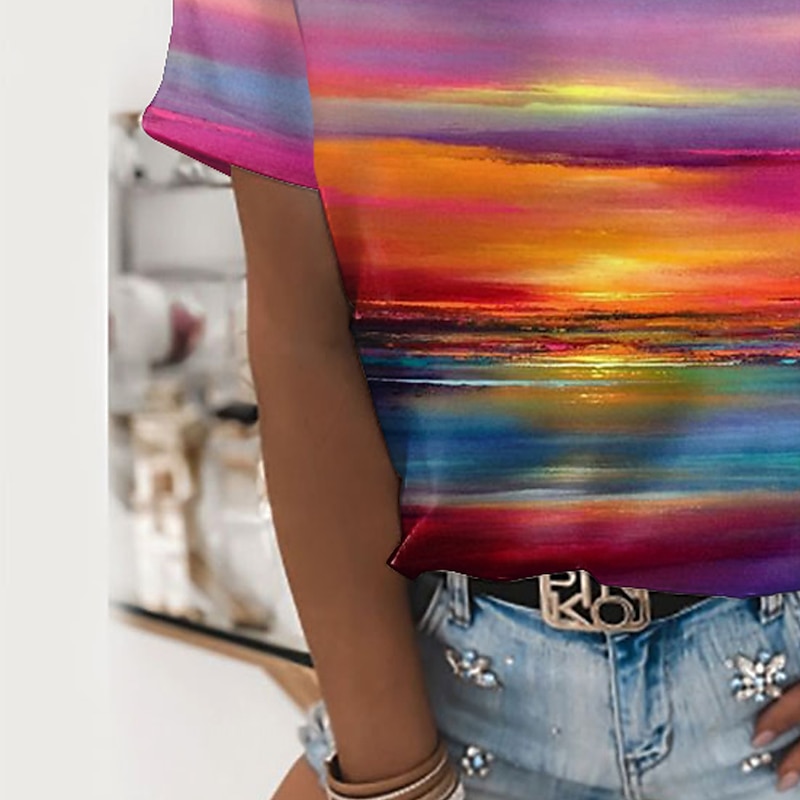 Women's T Shirt Basic Print Short Sleeve Regular Tops Round Neck Casual Daily Holiday Purple4