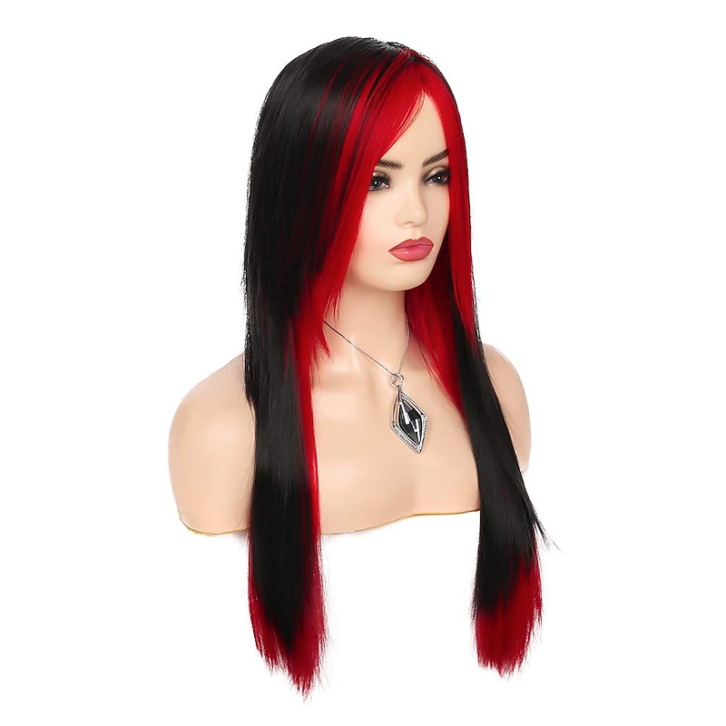 Long Red Black Wig Silk Straight Hair Synthetic Heat Resistant Side Bangs   Ladies Wig Halloween Wigs3