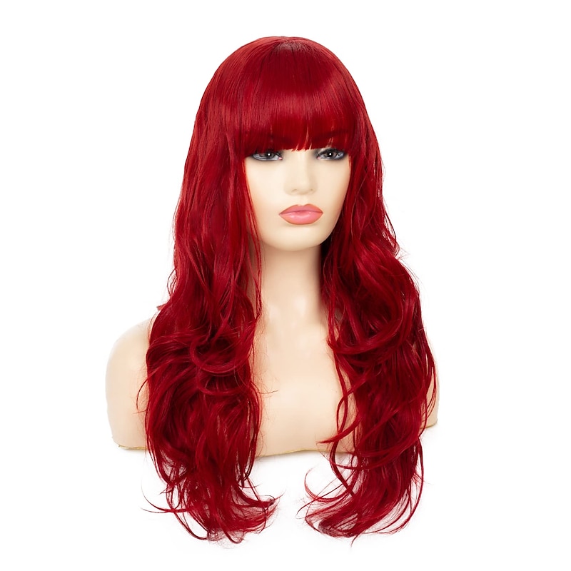 Long Curly Hair Wavy Red Wig with Bangs Synthetic Heat Resistant Silky Wig Cosplay Halloween and Everyday Use Christmas Party Wigs3