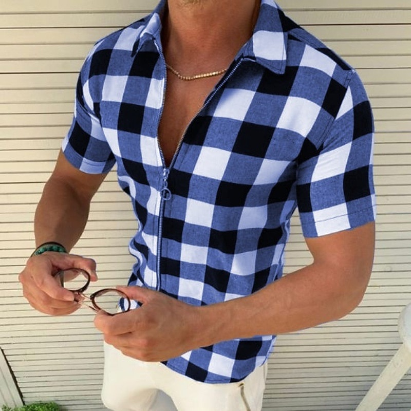Men's Shirt Summer Shirt Plaid Shirt Checked Shirts Red Blue Green Gray Short Sleeve Plaid / Check Lattice Turndown Outdoor Street Print Clothing Apparel Polyester Fashion Casual Breathable3