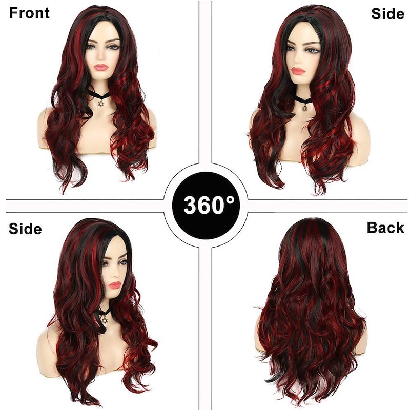 Black Red Wig Women's Long Wavy Wig Highlight Layered Silky Mid 2 Tone Synthetic Cosplay Costume Wig Christmas Party Wigs4