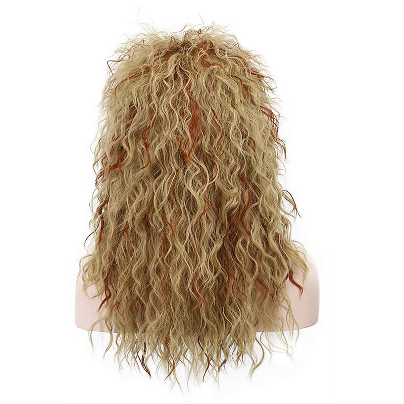 Men Women Long Curly Orange Mix Blonde 70S Heavy Metal Rocker Wig 80S Costume Anime Wig (Only Wig without Glasses) Halloween Wigs4