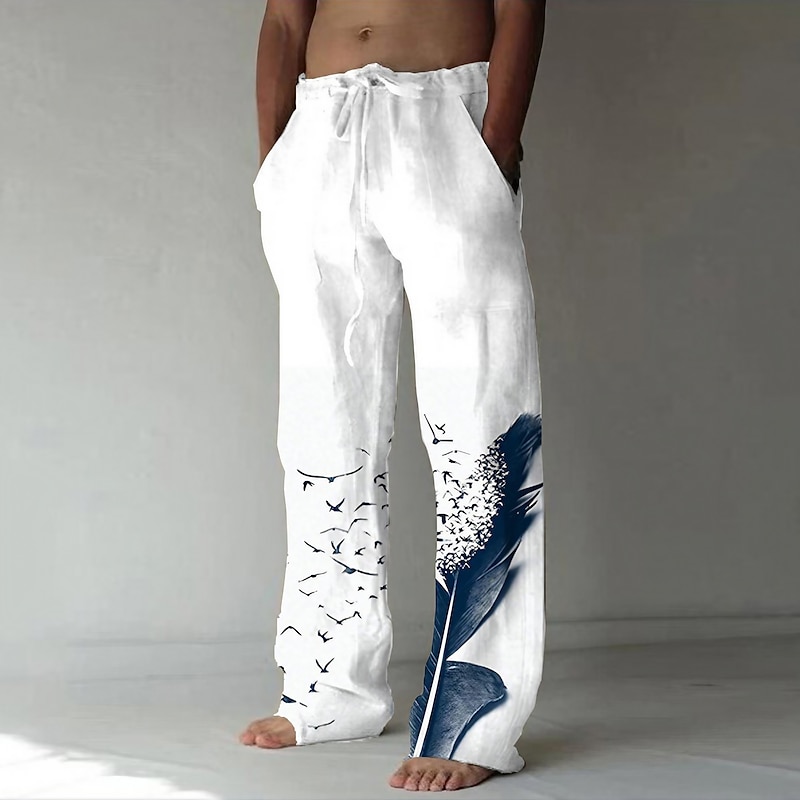 Men's Linen Pants Trousers Summer Pants Beach Pants Drawstring Side Pockets Elastic Waist Graphic Prints Feather Breathable Lightweight Yoga Daily For Vacation Casual Chinoiserie White Blue