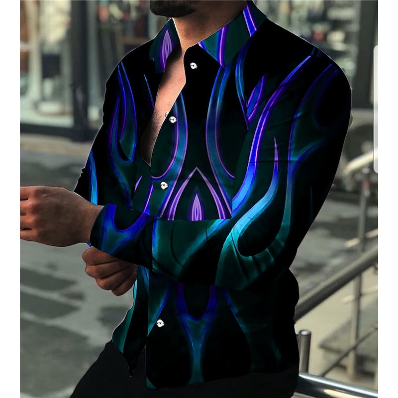 Men's Geometric Pattern Flame Shirt Button Up Shirt Long Sleeve Fashion Designer Casual Daily Holiday Going out Spring & Summer Turndown 3D Print Button-Down Black / Red White Red Blue Purple4