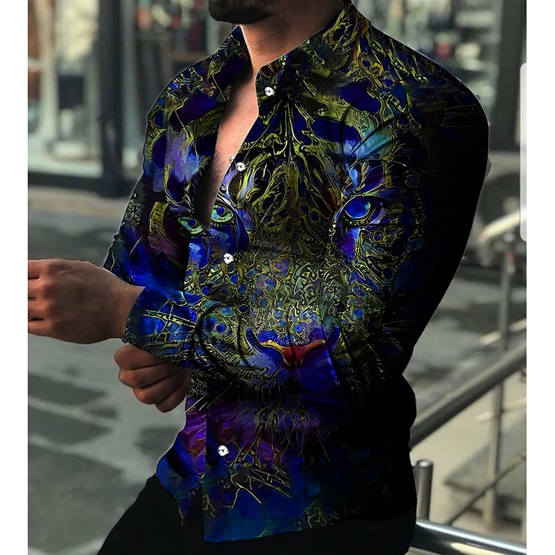 Men's Animal Tiger Geometric Pattern Shirt Button Up Shirt Long Sleeve Fashion Designer Casual Outdoor Vacation Holiday Fall & Winter Collar 3D Print Button-Down Yellow Red Navy Blue Blue Purple3
