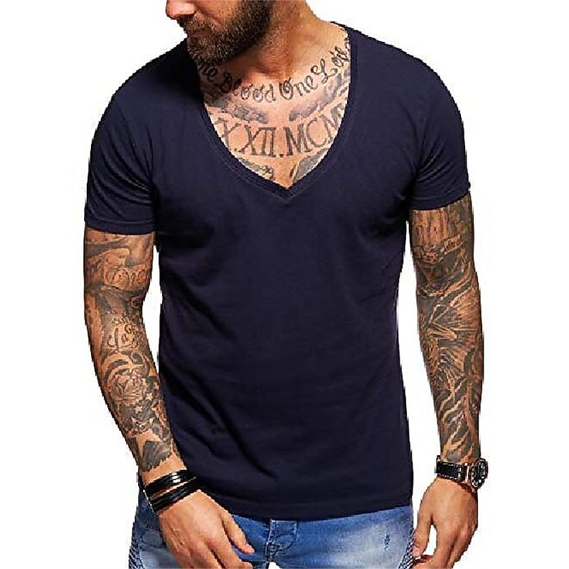 Men's T Shirt Tee Top Short Sleeve V Neck Plain Muscle Esencial Summer Navy Black White Top Tee for Men