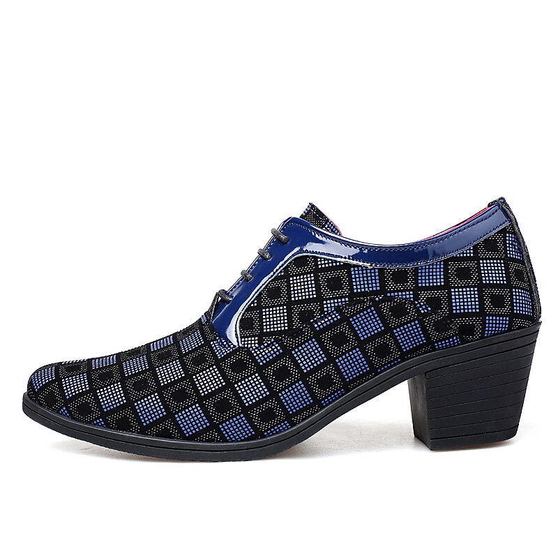 Men's Patterned Lace-Up Block Heel Dress Shoes – Blue and Black Geometric Design for Christmas Party, Formal, and Dance Events2