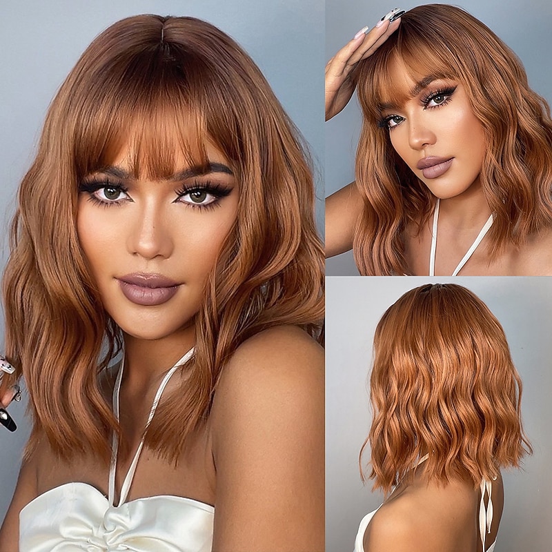 HAIRCUBE Cosplay Bob Wig with Bangs Auburn/Ombre Brown/Pink/green/Wine Synthetic Culy Wigs for African American Women Natural Christmas Party Wigs