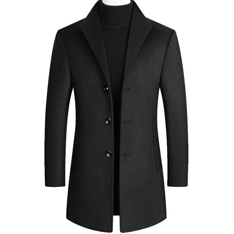 Men's Winter Coat Wool Coat Overcoat Blazer Office Business Winter Wool Windproof Warm Outerwear Clothing Apparel Office / Business Solid Color Pocket Stand Collar Single Breasted One-button2