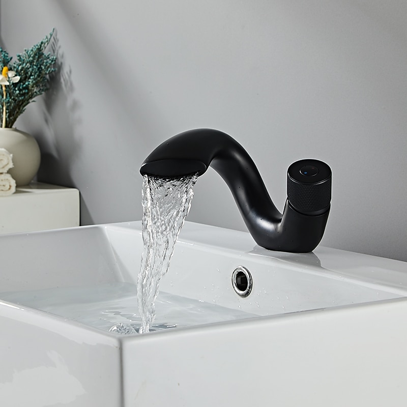 Waterfall Bathroom Sink Mixer Faucet, Mono Wash Basin Single Handle Basin Taps, Monobloc Vessel Water Brass Tap Deck Mounted with Hot and Cold Hose3