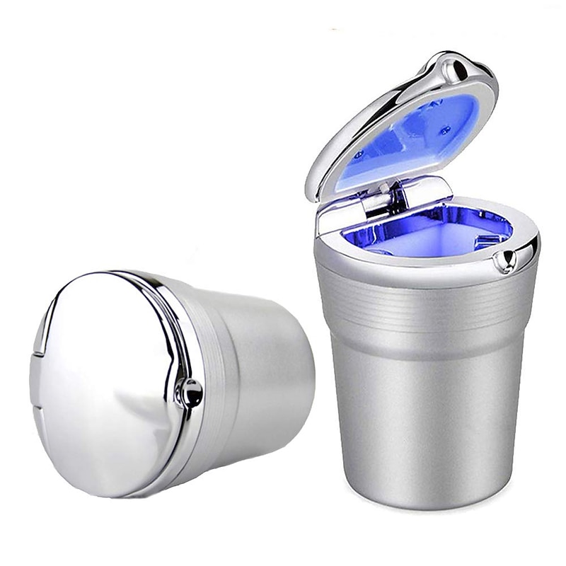 Car Ashtray Portable Detachable Stainless Auto Vehicle Cigarette Ashtray Ash with Blue LED Light Indicator Smokeless for Car Cup Holder Home Office Car Interior Accessories 1PCS