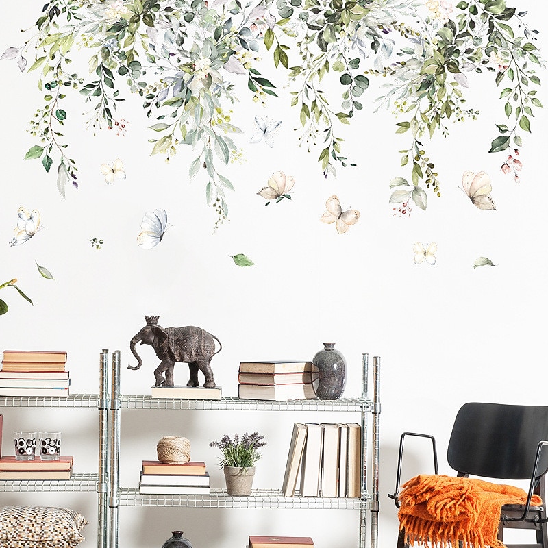 2PC 30X90CM Tropical Green Leaf Butterfly Ornaments Bedroom Living Room Porch Home Wall Decoration Wall Stickers Self-adhesive4