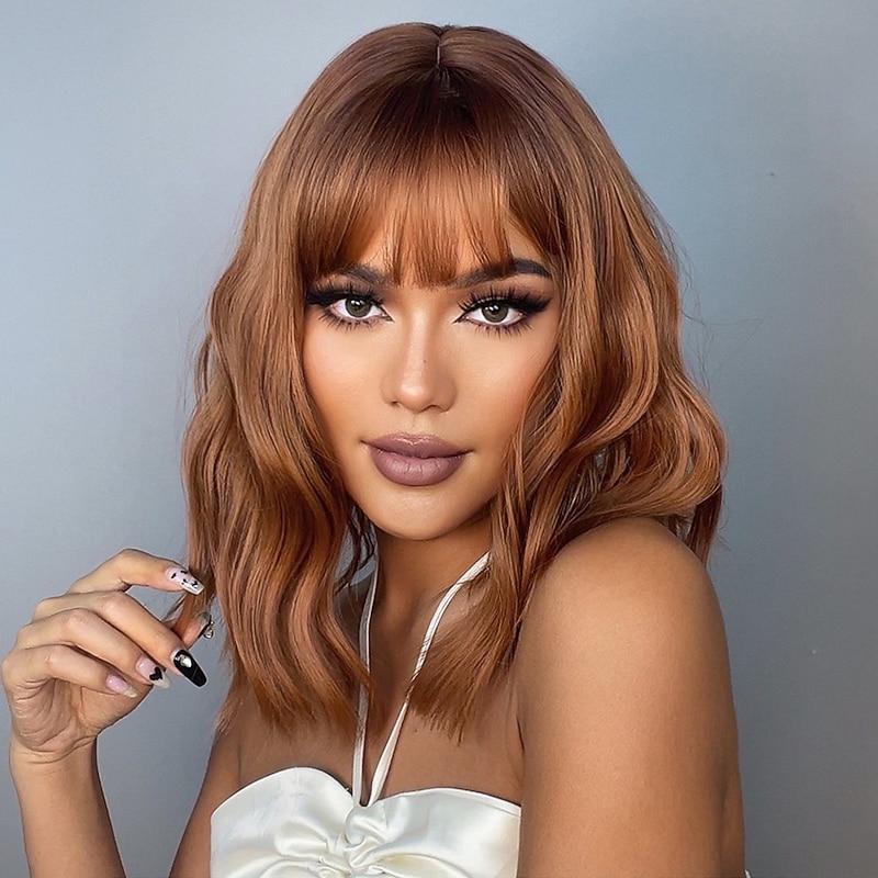 HAIRCUBE Cosplay Bob Wig with Bangs Auburn/Ombre Brown/Pink/green/Wine Synthetic Culy Wigs for African American Women Natural Christmas Party Wigs2