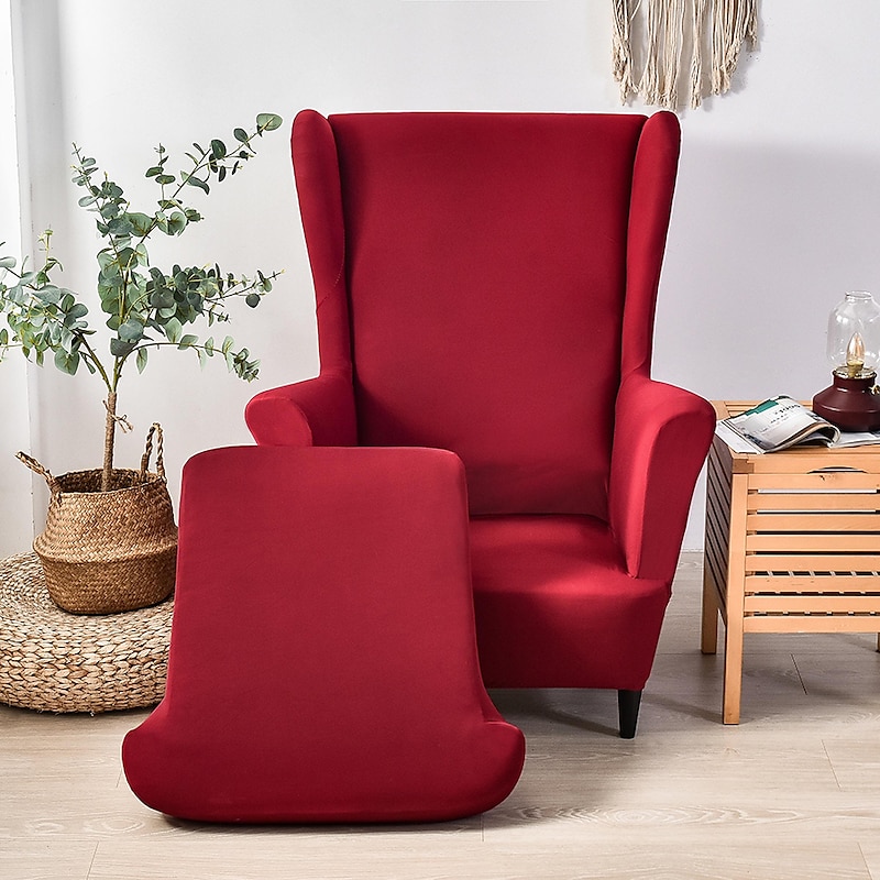 Solid Color Stretch Wingback Chair Cover Wing Chair Slipcovers Spandex Fabric Burgundy Red Wingback Armchair Covers with Elastic Bottom for Living Room Bedroom Decor
