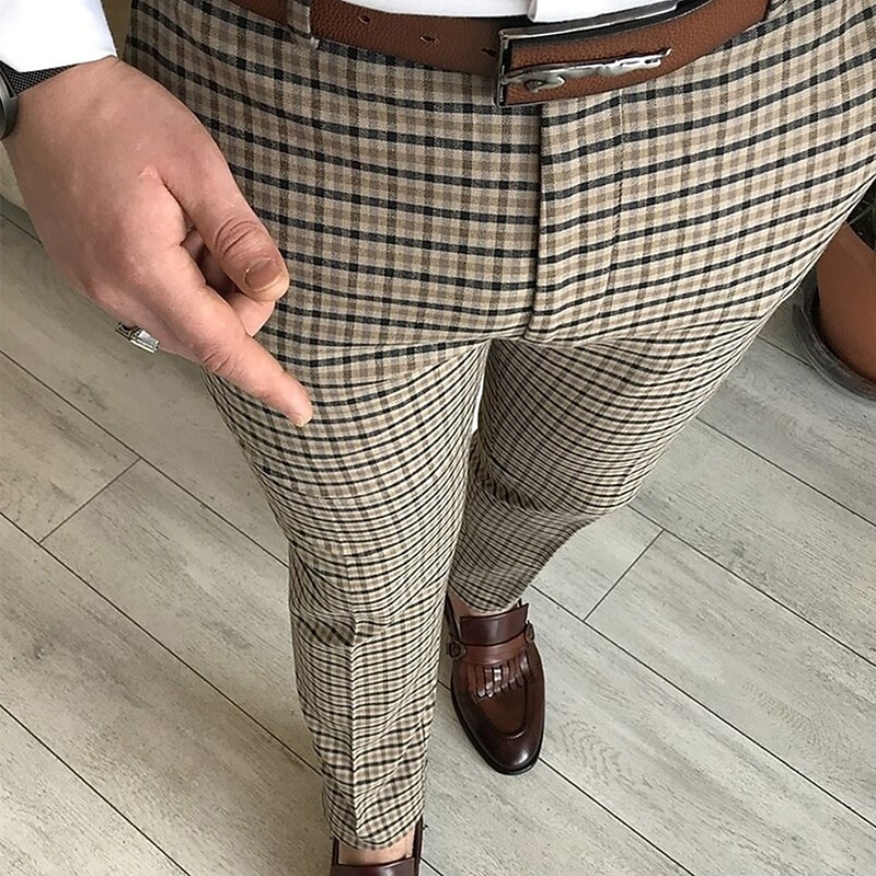 Men's Skinny Trousers Chinos Jogger Pants Plaid Dress Pants Pocket Lattice Breathable Soft Business Casual Daily Fashion Streetwear Yellow Red3