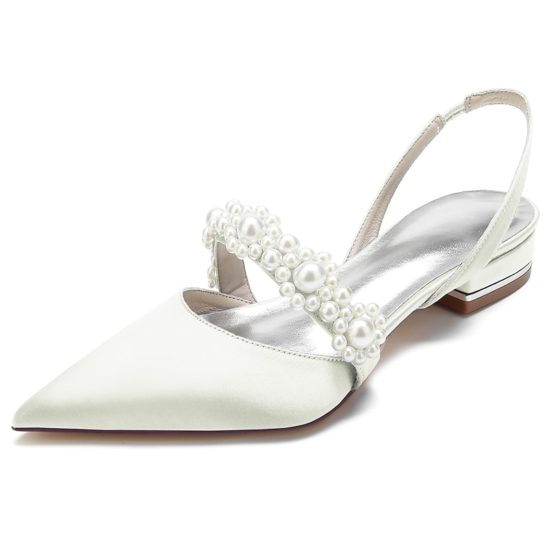 Elegant White Satin Women's Dress Shoes with Pearl Embellishments: Perfect Low Heel Sandals for Weddings and Special Occasions