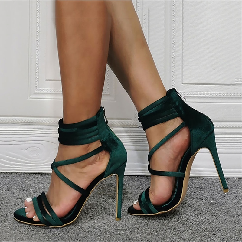 Women's Green Satin Stiletto Heel Sandals – Strappy Open-Toe High Heels for Party, Wedding & Evening