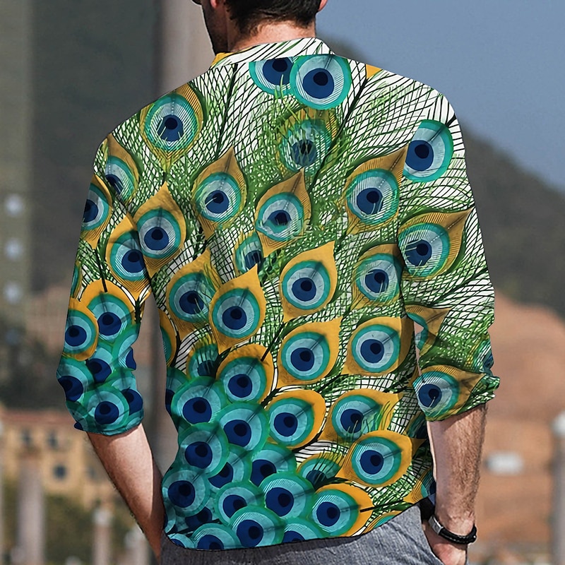 Men's Feather Shirt Aloha Shirt Long Sleeve Fashion Designer Casual Outdoor Vacation Daily Spring & Summer Stand Collar 3D Print Button-Down Black White Black / Green Yellow Army Green2