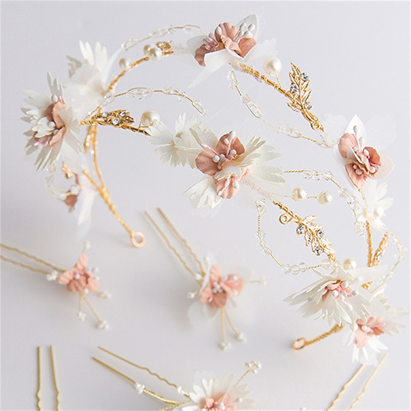 Pink Floral Crown Headband And Hairpins Color Hairband Flower Tiara Bridal Hair Accessories Hair Pins Set  Hair Jewelry For Women
