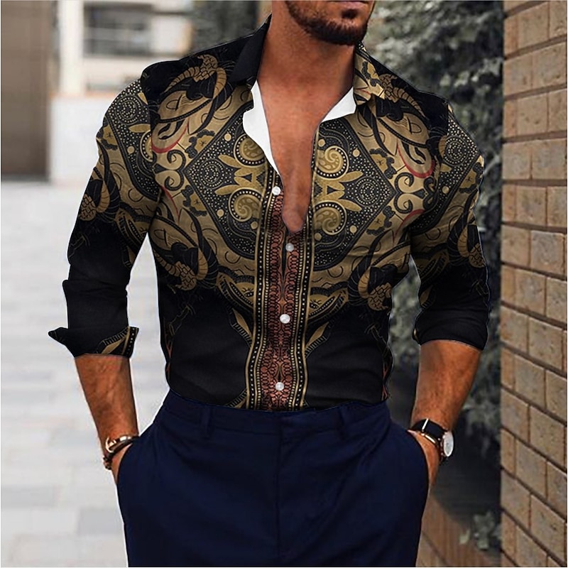 Men's Leaves Clock Shirt Button Up Shirt Vintage Designer Ethnic Style Daily Holiday Going out Spring, Fall, Winter, Summer Turndown 3D Print 21031 19014C gold c0018 19014C black c00153
