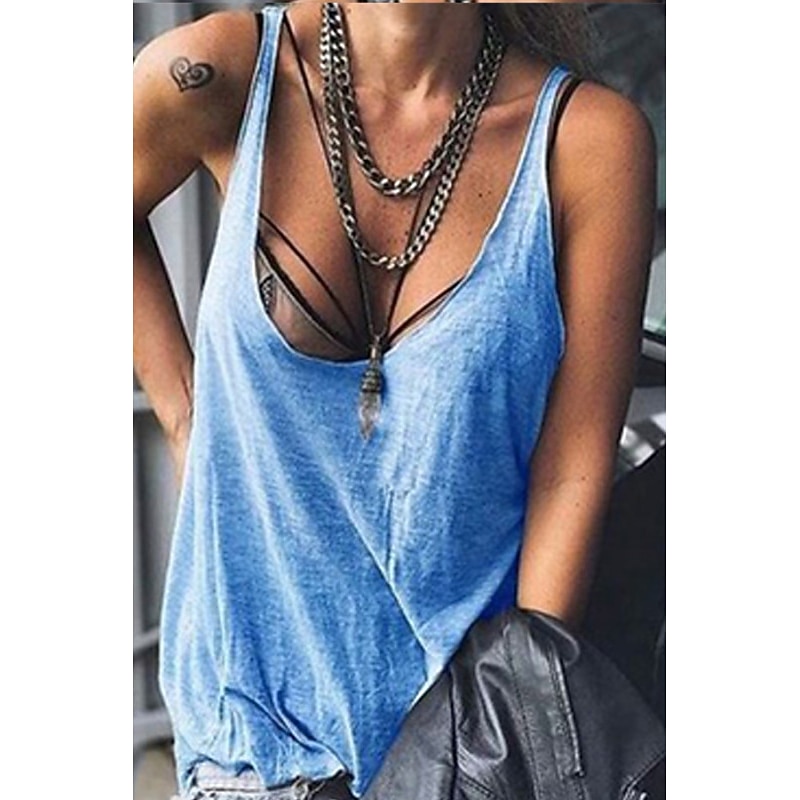 Women's Camisole Tank Top Ladies Basic Classic Sleeveless Regular Tops U Neck Casual Holiday Weekend White Blue Summer2