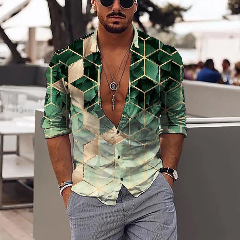Men's Geometric Pattern Geometry Shirt Button Up Shirt Long Sleeve Fashion Designer Casual Outdoor Vacation Daily Spring & Summer Stand Collar 3D Print Button-Down Black White Pink Dark Green Green