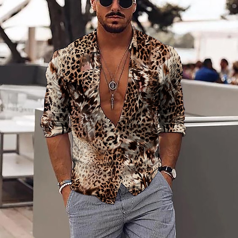 Men's Leopard Shirt Button Up Shirt Long Sleeve Fashion Designer Casual Outdoor Vacation Daily Spring & Summer Stand Collar 3D Print Button-Down Black Red Purple Brown Green