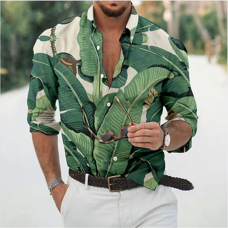 Men's Leaves Tropical Plants Shirt Summer Hawaiian Shirt Aloha Shirt Long Sleeve Shirt Turndown Fashion Designer Casual Vacation Daily Holiday Light Green Pink Dark Green 3D Print S M L