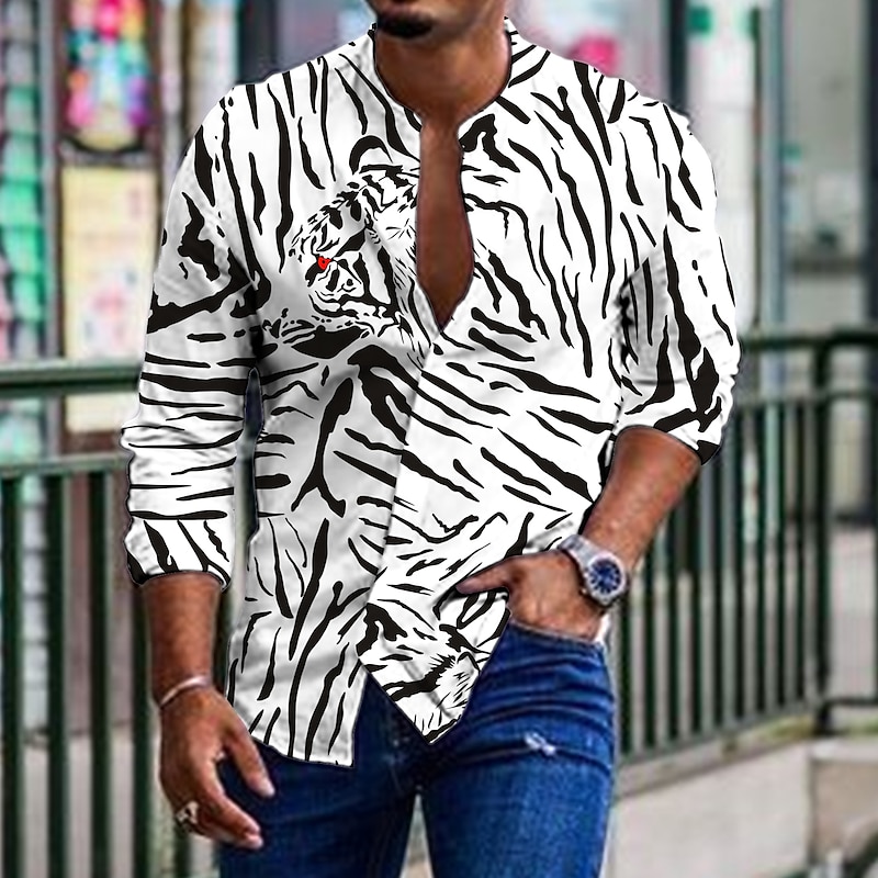 Men's Animal Tiger Shirt Button Up Shirt Long Sleeve Fashion Designer Casual Outdoor Vacation Daily Spring & Summer Stand Collar Print Button-Down Black-White Black White Red