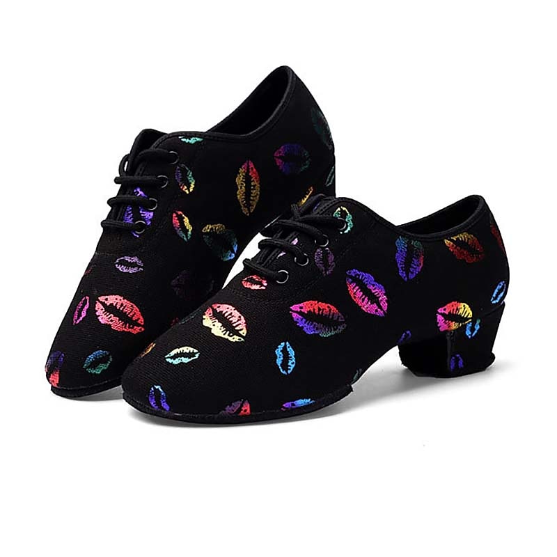 Women's Latin Shoes Practice Trainning Dance Shoes Line Dance Indoor Professional Pattern / Print Soft Two-Point Bottom Pattern / Print Lace-up Thick Heel Lace-up Rainbow2
