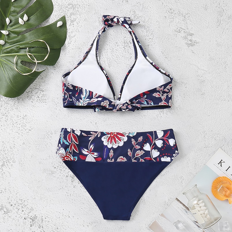 Women's Swimsuits Bikini 2 Piece Cheeky Swimsuit Halter 2 Piece Open Back Sexy Tropical Sexy Floral V Wire Sleeveless Bathing Suits4