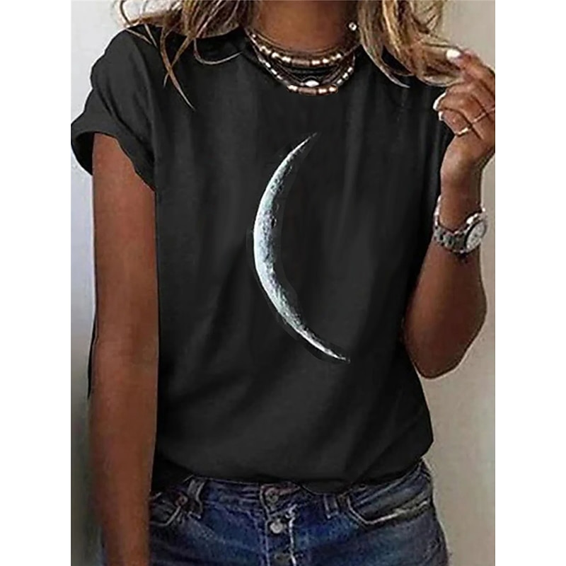 Women's T Shirt Galaxy Moon Basic Short Sleeve Round Neck Regular Tops Casual Daily Black4