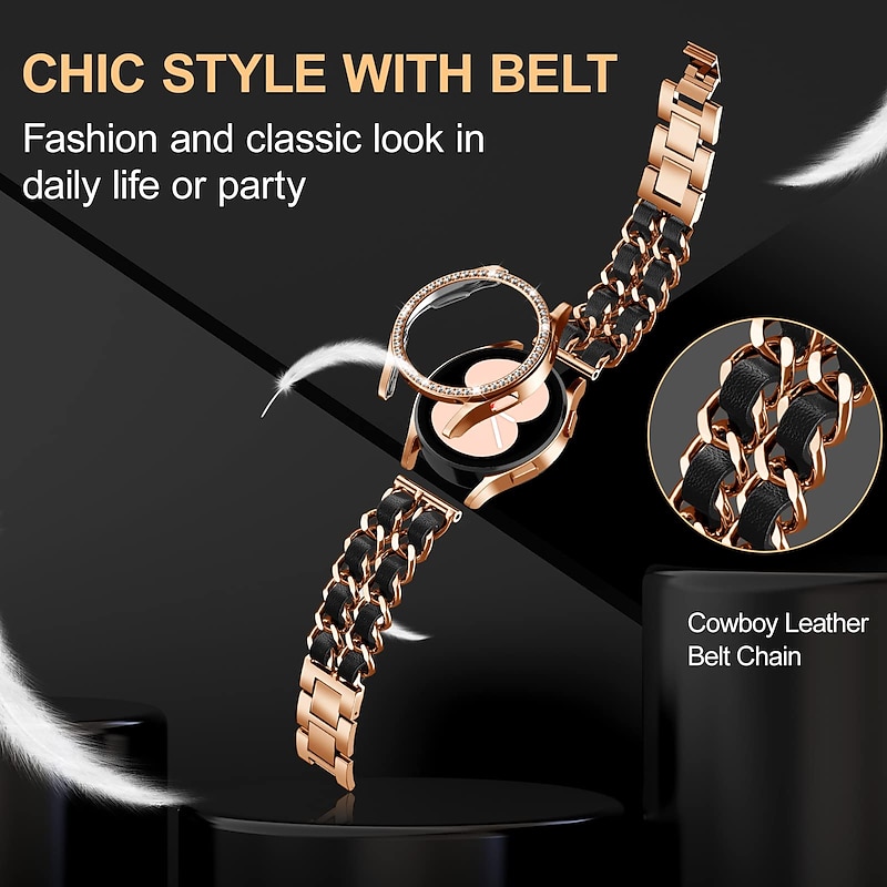 Watch Band for Samsung Galaxy Watch 4 40/44mm Watch Active 2 40/44mm Stainless Chain with Leather Belt Replacement  Strap Bling Diamond Luxury Jewelry Bracelet Wristband3