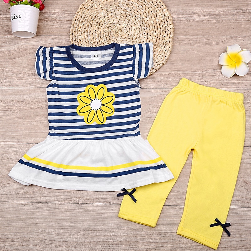Girls' 3D Striped Solid Colored Clothing Set Short Sleeve Summer Spring Active Toddler Daily Holiday3