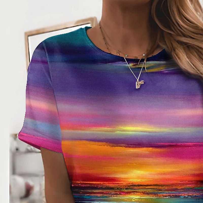 Women's T Shirt Basic Print Short Sleeve Regular Tops Round Neck Casual Daily Holiday Purple2