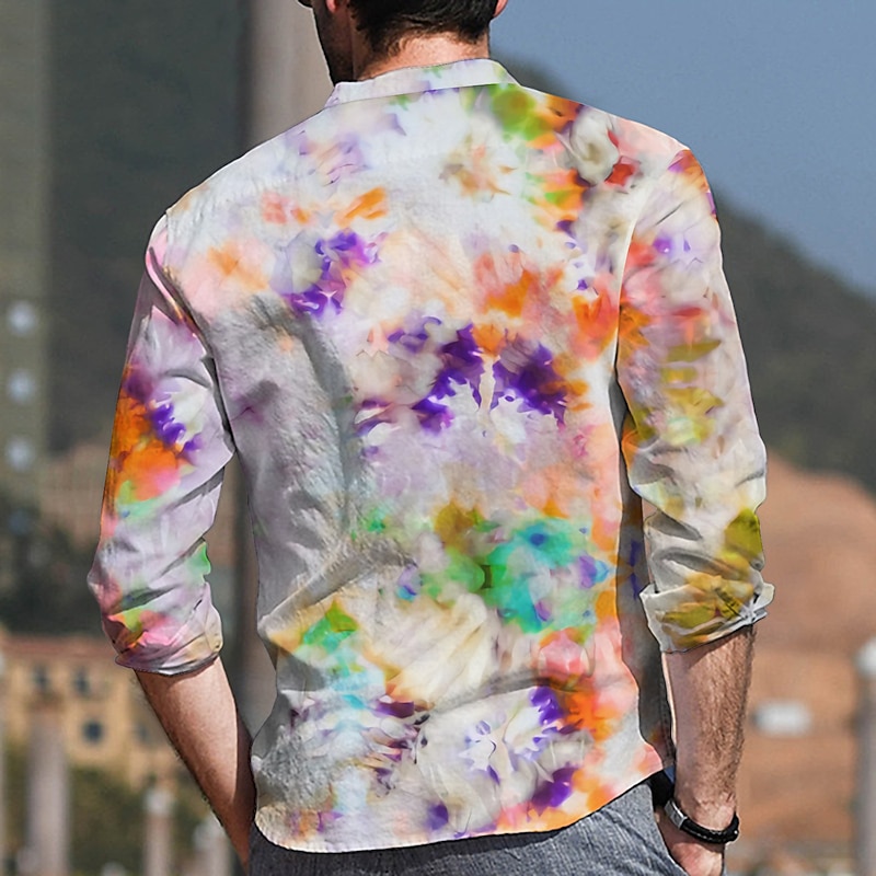 Men's Tie Dye Shirt Summer Hawaiian Shirt Button Up Shirt Long Sleeve Shirt Stand Collar Fashion Designer Casual Outdoor Vacation Casual Rainbow 3D Print S M L2