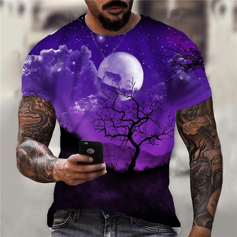 Men's Graphic Galaxy Spooky Moon T Shirt Short Sleeve T shirt 3D Print Crew Neck Shirt Sports Designer Classic Daily Sports Weekend Black Royal Blue Blue Summer Clothing Apparel S M L XL XXL 3XL 4XL3
