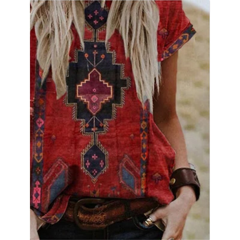 Women's T shirt Tee Red Graphic Tribal Patchwork Print Short Sleeve Casual Daily Basic Boho Ethnic Round Neck Regular S3