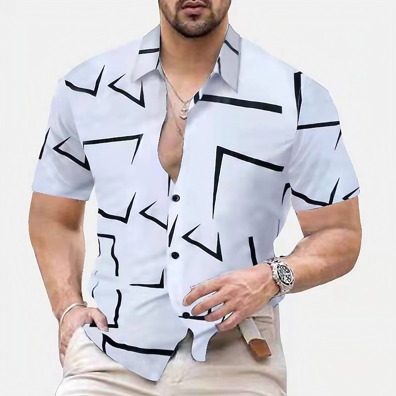 Men's Geometric Geometric Pattern Geometry Shirt Button Up Shirt Short Sleeve Fashion Streetwear Designer Work Daily Holiday Summer Spring Classic Collar Print Black White Red Navy Blue Brown