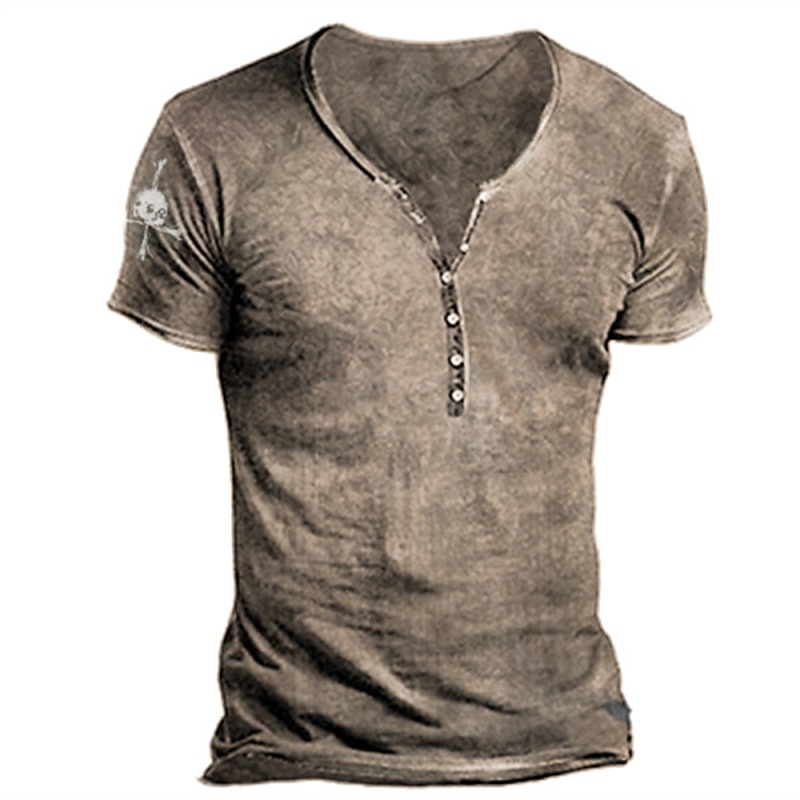 Men's T shirt Tee Henley Shirt Skull Graphic Prints Henley Black Army Green Brown Khaki 3D Print Outdoor Casual Short Sleeve Button-Down Print Clothing Apparel Stylish Lightweight Vintage Breathable4