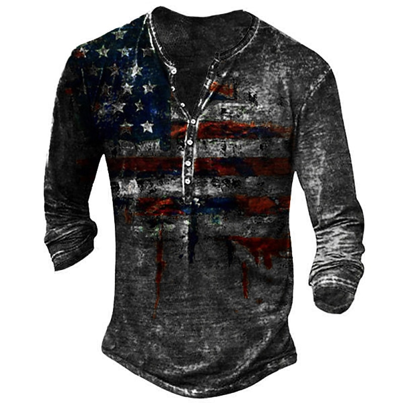 Men's T shirt Tee Henley Shirt Tee Vintage Retro Basic Shirt Graphic American Flag Long Sleeve Shirt Black Yellow Red Street Casual Daily Henley Spring &  Fall Clothing Apparel Plus Size S M L XL 2XL2