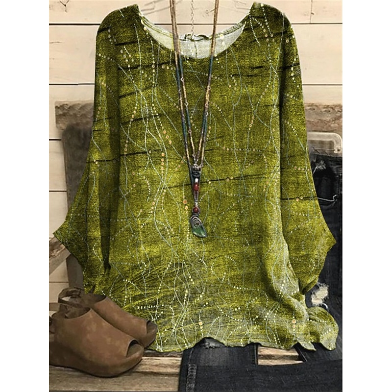 Women's Blouse Long Sleeve Pullover Top Leafy Print Bell Sleeve Green Shimmer Casual Bohemian Round Neck Oversized Fit Spring Summer Apparel