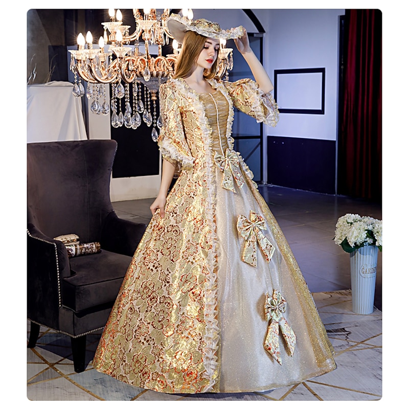 Rococo Victorian Renaissance Floor Length Dress Party Costume Masquerade Plus Size Normal Puff Balloon Sleeve Flare Cuff Sleeve Princess Plus Size Lace Toile Vintage Ball Gown Square Neck Fancy Dress2