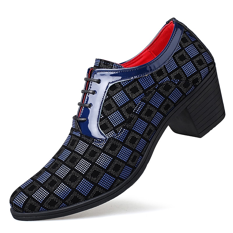 Men's Patterned Lace-Up Block Heel Dress Shoes – Blue and Black Geometric Design for Christmas Party, Formal, and Dance Events