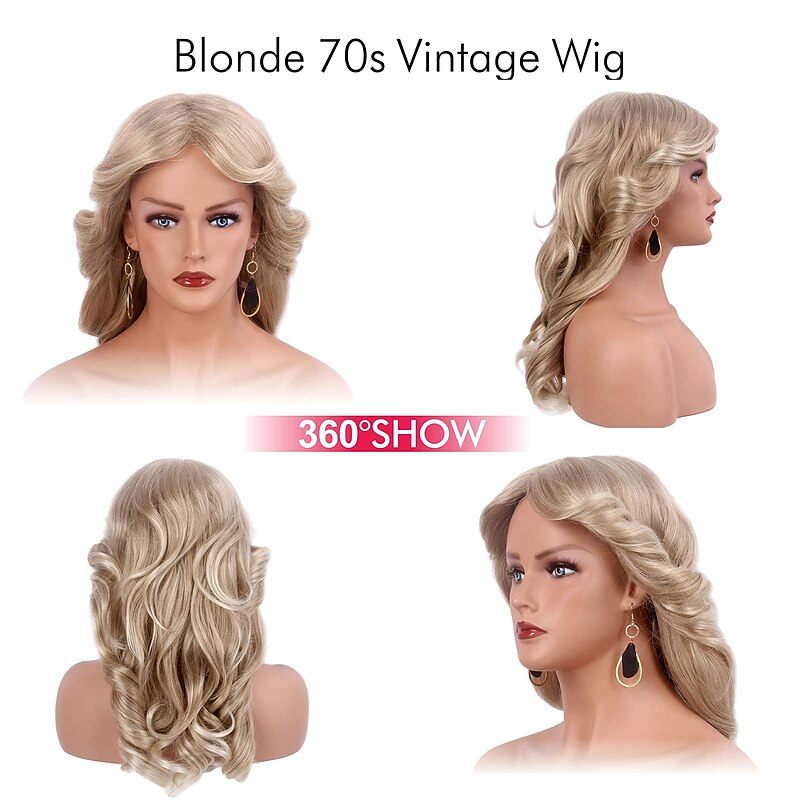 Blonde Wigs for Women Reewes Blonde 70S Wig Farrah Fawcett Wig Vintage Wigs Blonde Wig for Women Lady Natural Synthetic Full Wigs Vintage Cosplay  Disco Hair Wig Feathered Wig Halloween Wigs4