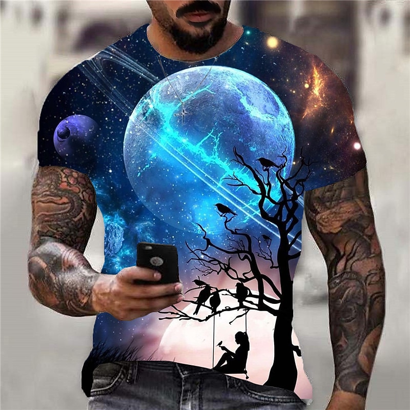 Men's Graphic Galaxy Spooky Moon T Shirt Short Sleeve T shirt 3D Print Crew Neck Shirt Sports Designer Classic Daily Sports Weekend Black Royal Blue Blue Summer Clothing Apparel S M L XL XXL 3XL 4XL