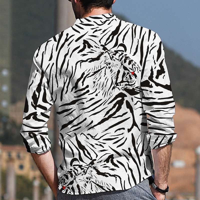 Men's Animal Tiger Shirt Button Up Shirt Long Sleeve Fashion Designer Casual Outdoor Vacation Daily Spring & Summer Stand Collar Print Button-Down Black-White Black White Red2