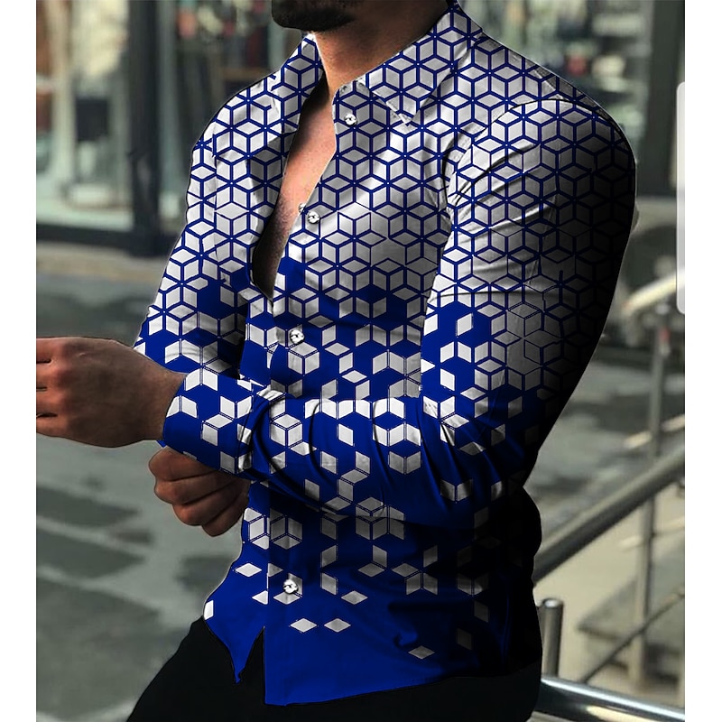 Men's Geometric Pattern Geometry Shirt Button Up Shirt Long Sleeve Fashion Designer Casual Outdoor Vacation Daily Fall & Winter Collar Print Button-Down Black Red Navy Blue Blue Green4